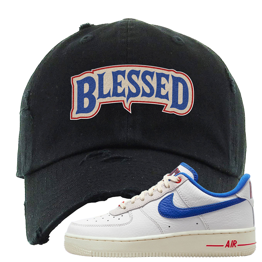 University Blue Summit White Low 1s Distressed Dad Hat | Blessed Arch, Black