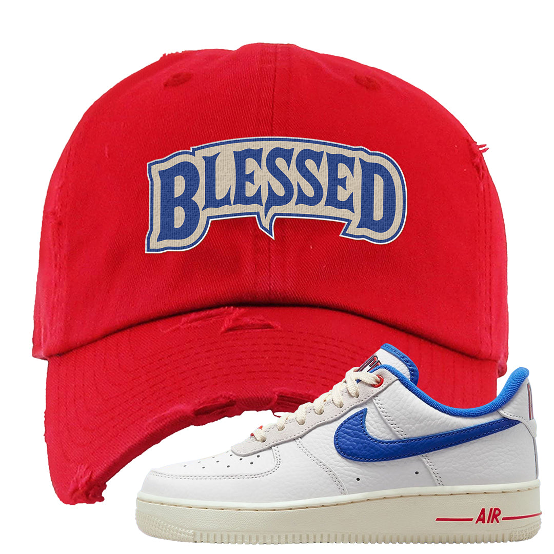 University Blue Summit White Low 1s Distressed Dad Hat | Blessed Arch, Red