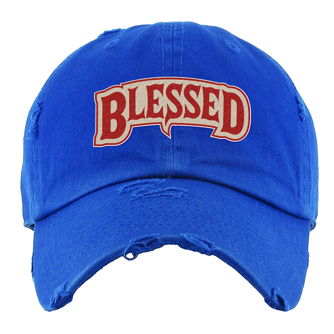 University Blue Summit White Low 1s Distressed Dad Hat | Blessed Arch, Royal