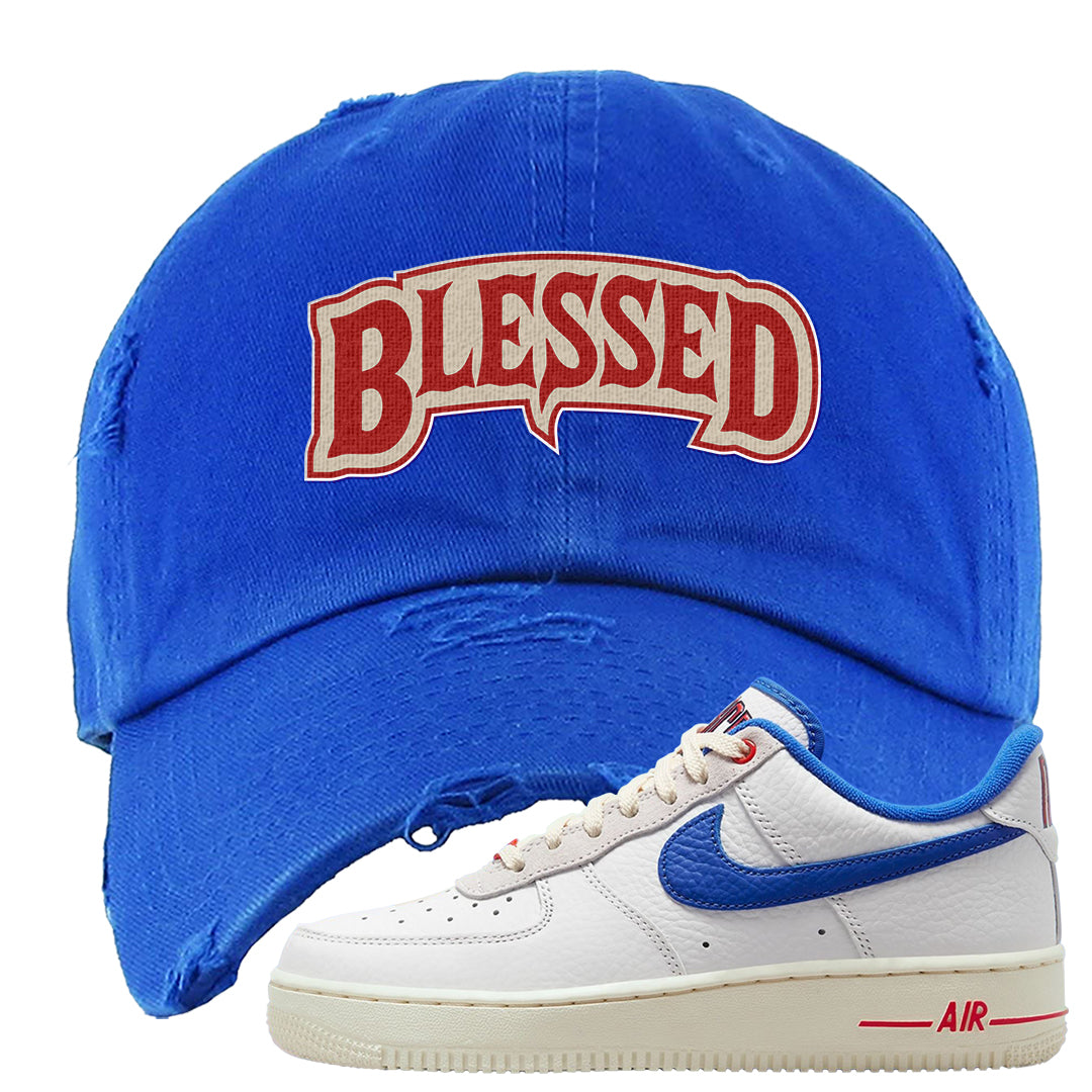 University Blue Summit White Low 1s Distressed Dad Hat | Blessed Arch, Royal