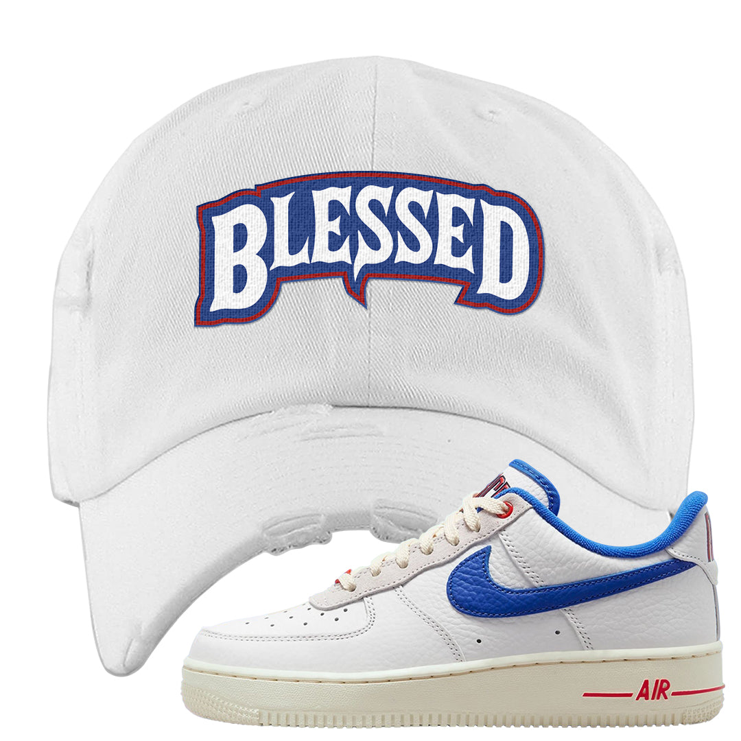 University Blue Summit White Low 1s Distressed Dad Hat | Blessed Arch, White
