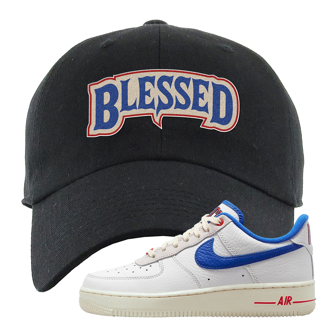 University Blue Summit White Low 1s Dad Hat | Blessed Arch, Black