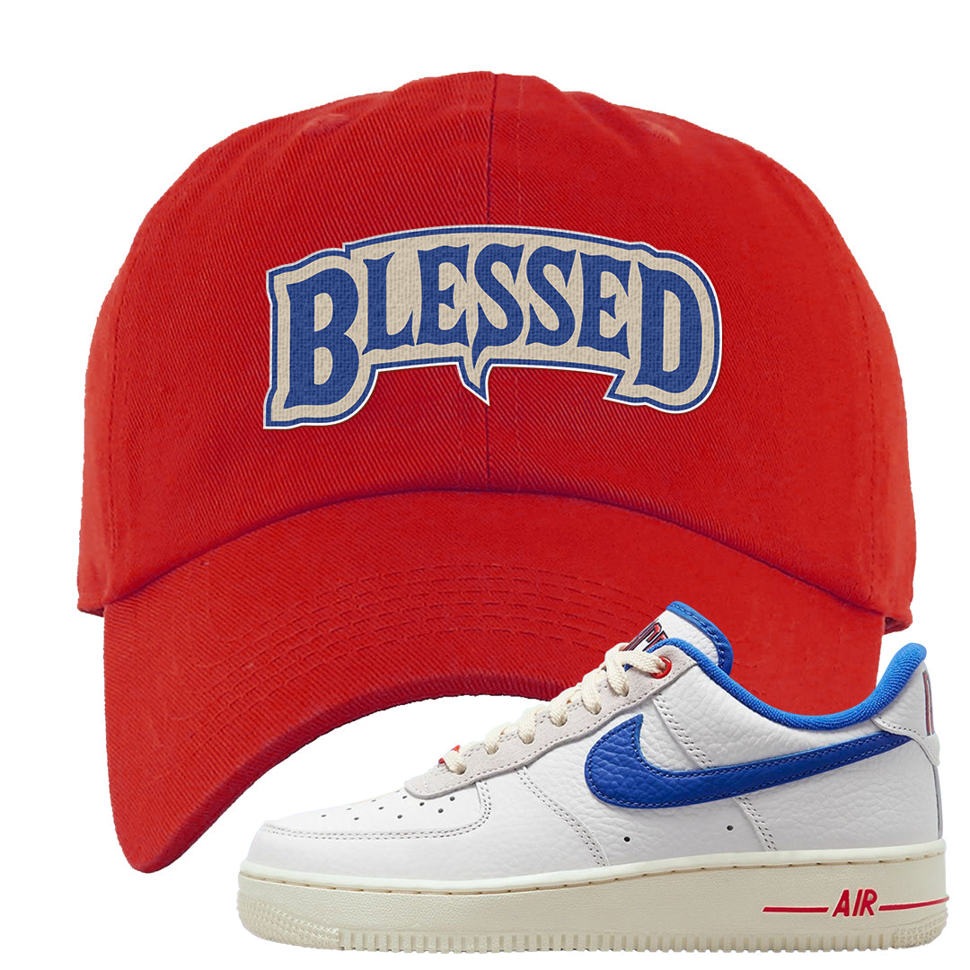 University Blue Summit White Low 1s Dad Hat | Blessed Arch, Red