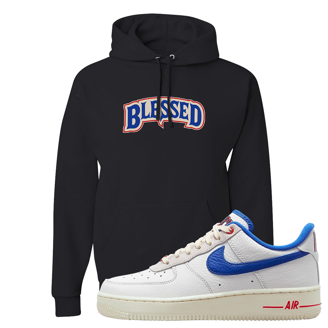 University Blue Summit White Low 1s Hoodie | Blessed Arch, Black