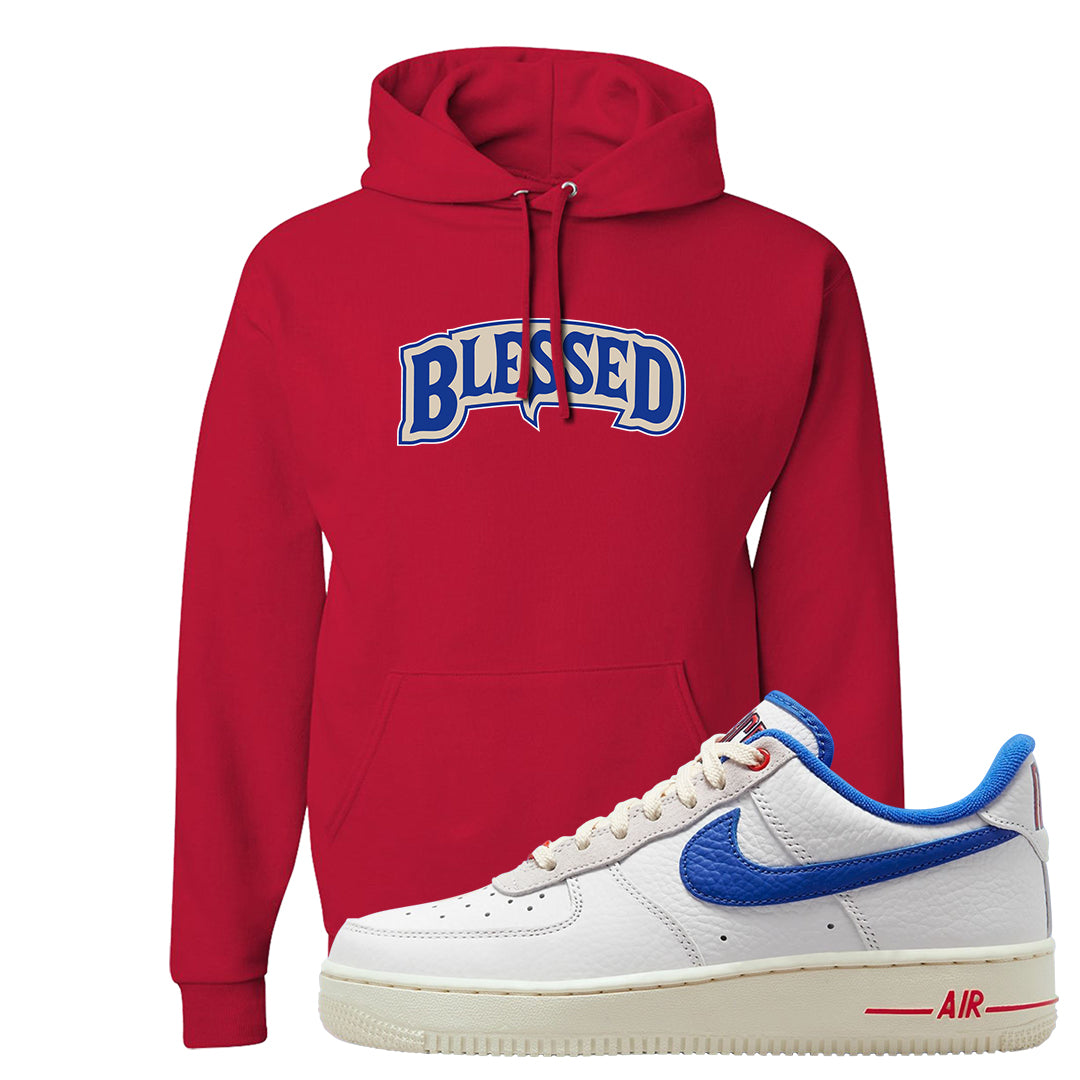 University Blue Summit White Low 1s Hoodie | Blessed Arch, Red
