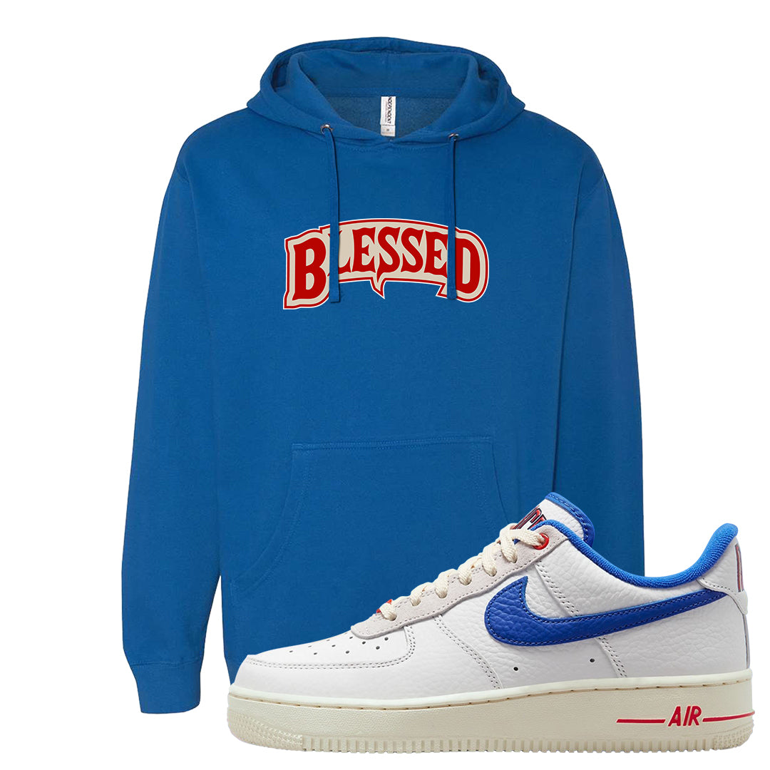 University Blue Summit White Low 1s Hoodie | Blessed Arch, Royal