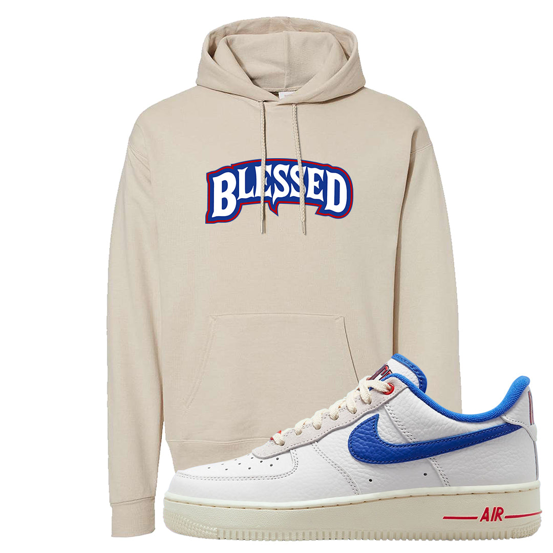 University Blue Summit White Low 1s Hoodie | Blessed Arch, Sand