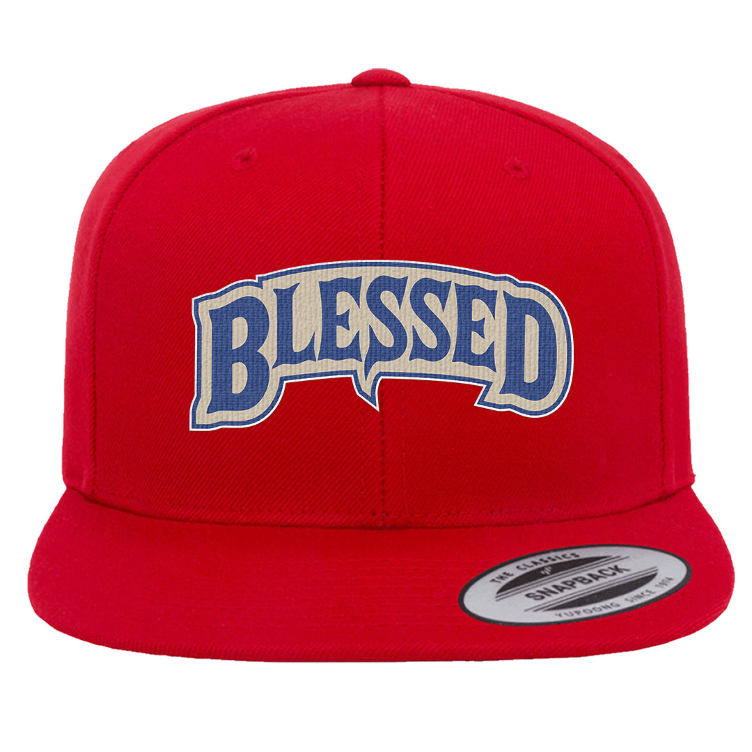 University Blue Summit White Low 1s Snapback Hat | Blessed Arch, Red