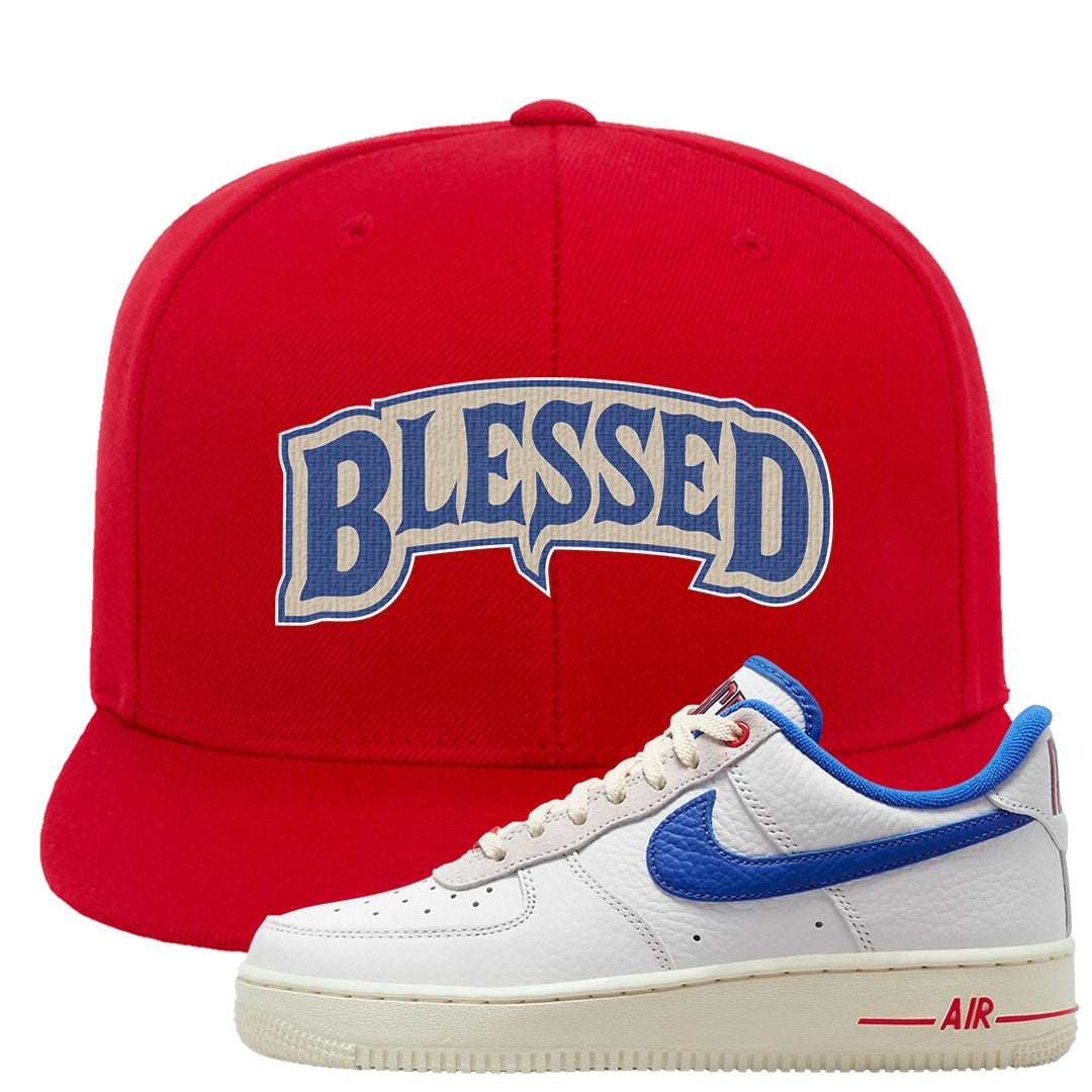 University Blue Summit White Low 1s Snapback Hat | Blessed Arch, Red