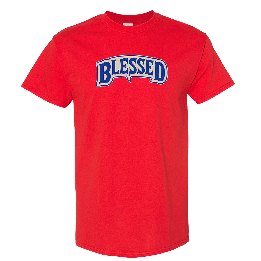 University Blue Summit White Low 1s T Shirt | Blessed Arch, Red