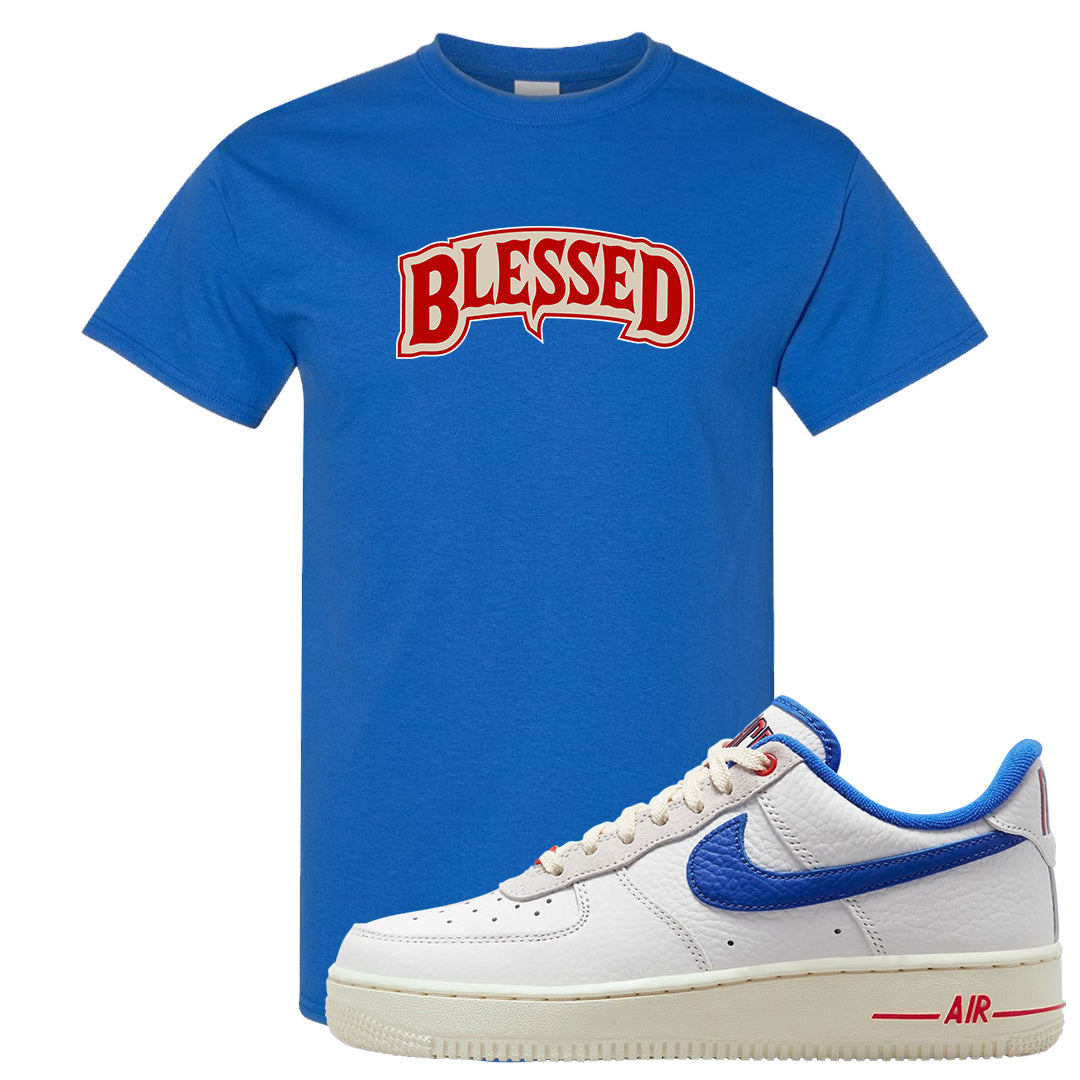 University Blue Summit White Low 1s T Shirt | Blessed Arch, Royal