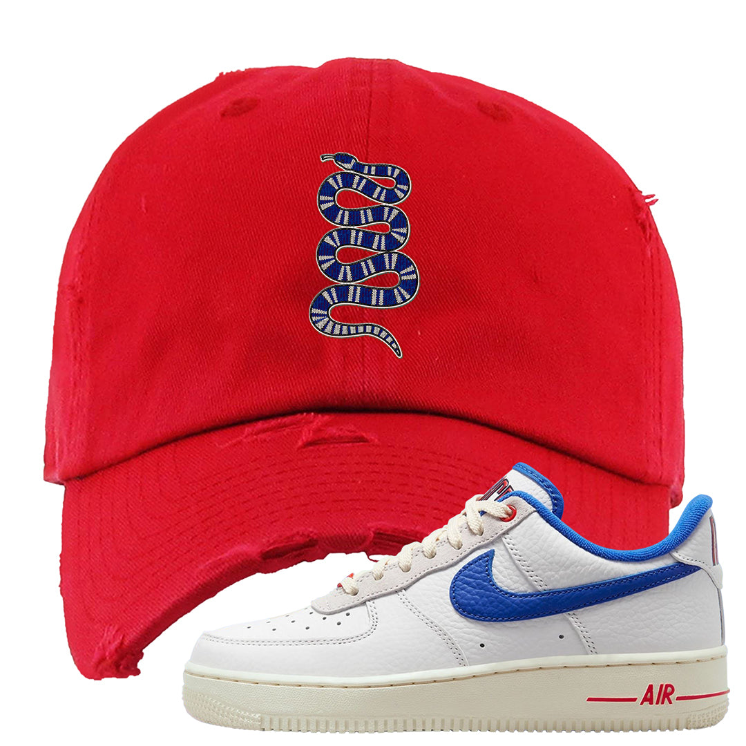 University Blue Summit White Low 1s Distressed Dad Hat | Coiled Snake, Red
