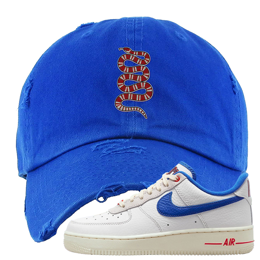 University Blue Summit White Low 1s Distressed Dad Hat | Coiled Snake, Royal