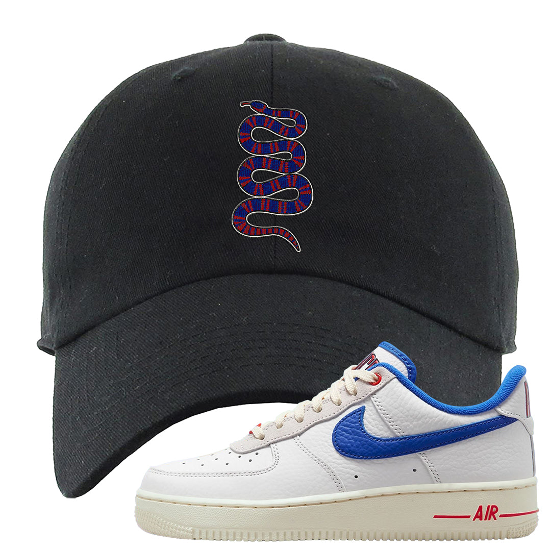 University Blue Summit White Low 1s Dad Hat | Coiled Snake, Black