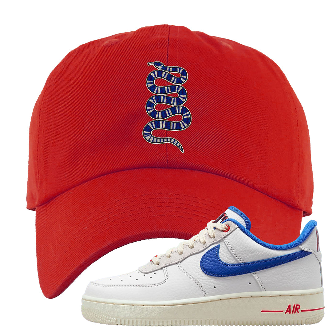 University Blue Summit White Low 1s Dad Hat | Coiled Snake, Red