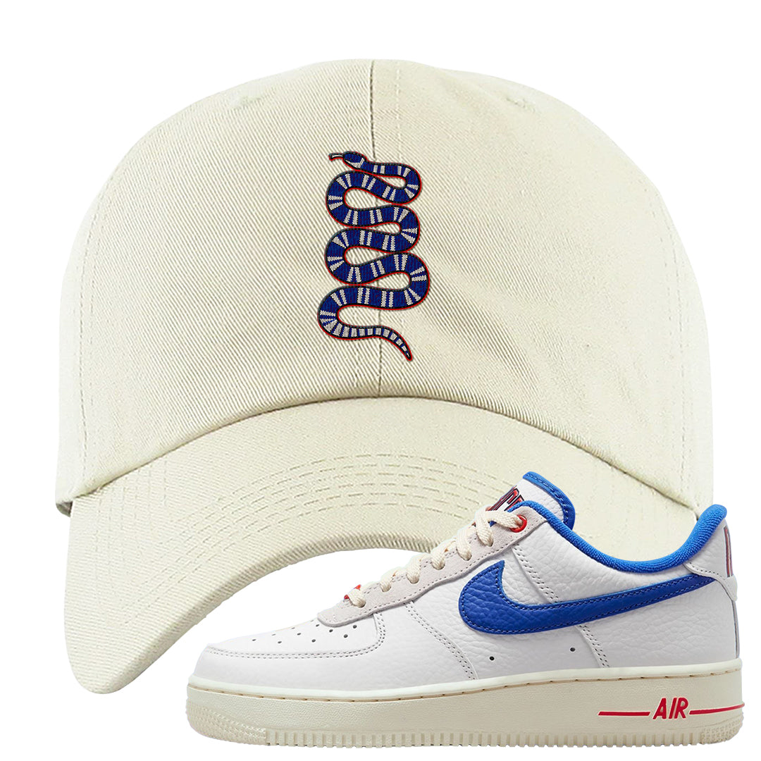 University Blue Summit White Low 1s Dad Hat | Coiled Snake, White