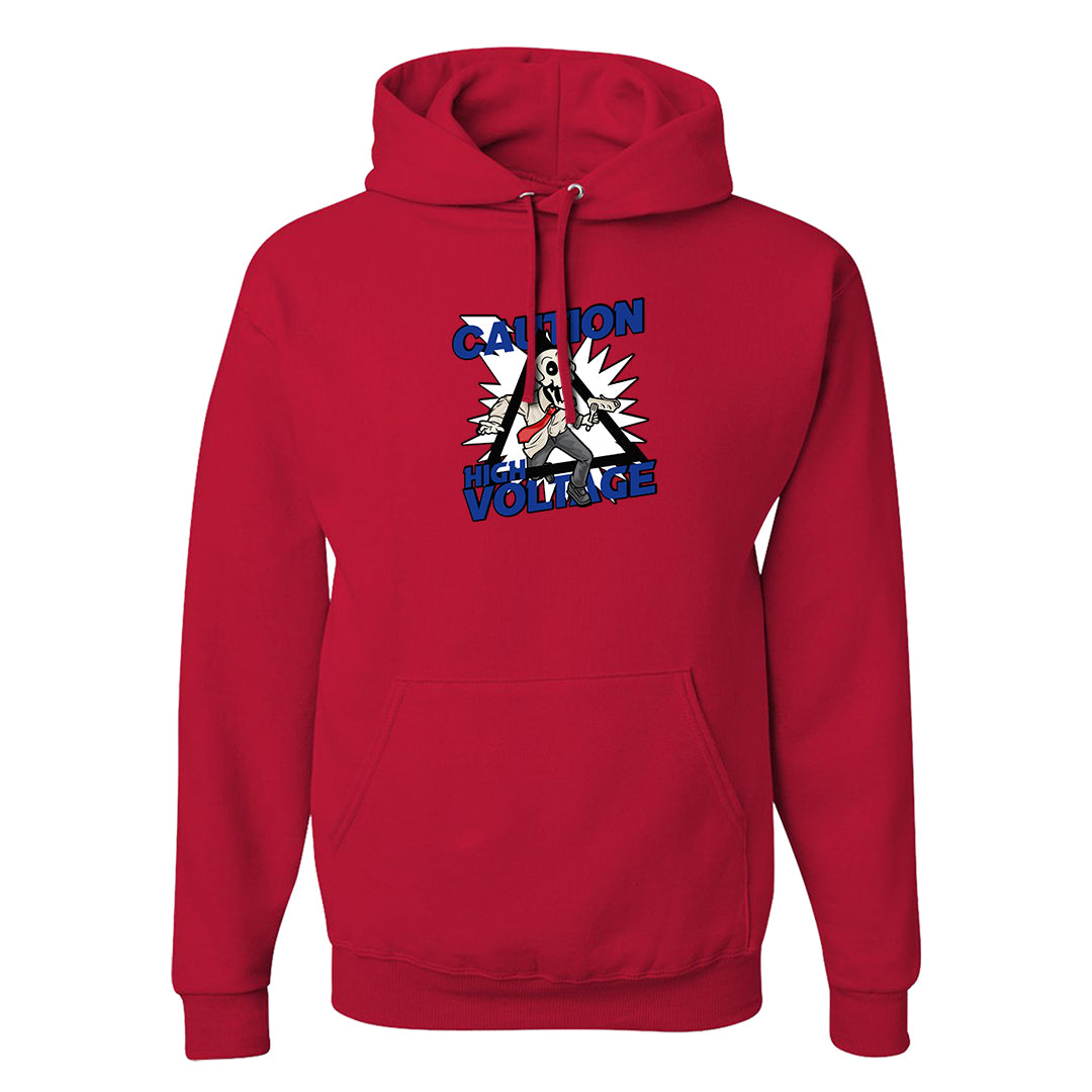 University Blue Summit White Low 1s Hoodie | Caution High Voltage, Red