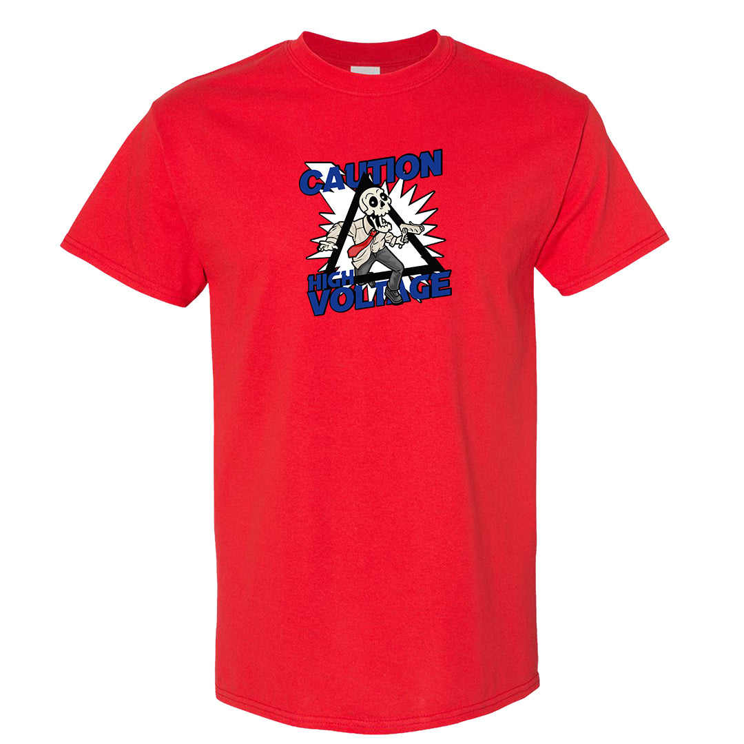 University Blue Summit White Low 1s T Shirt | Caution High Voltage, Red