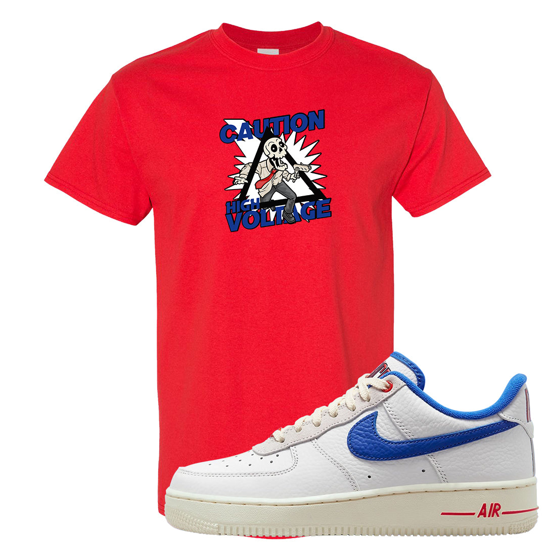 University Blue Summit White Low 1s T Shirt | Caution High Voltage, Red