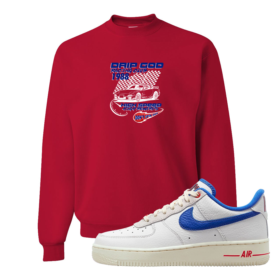 University Blue Summit White Low 1s Crewneck Sweatshirt | Drip God Racing Club, Red