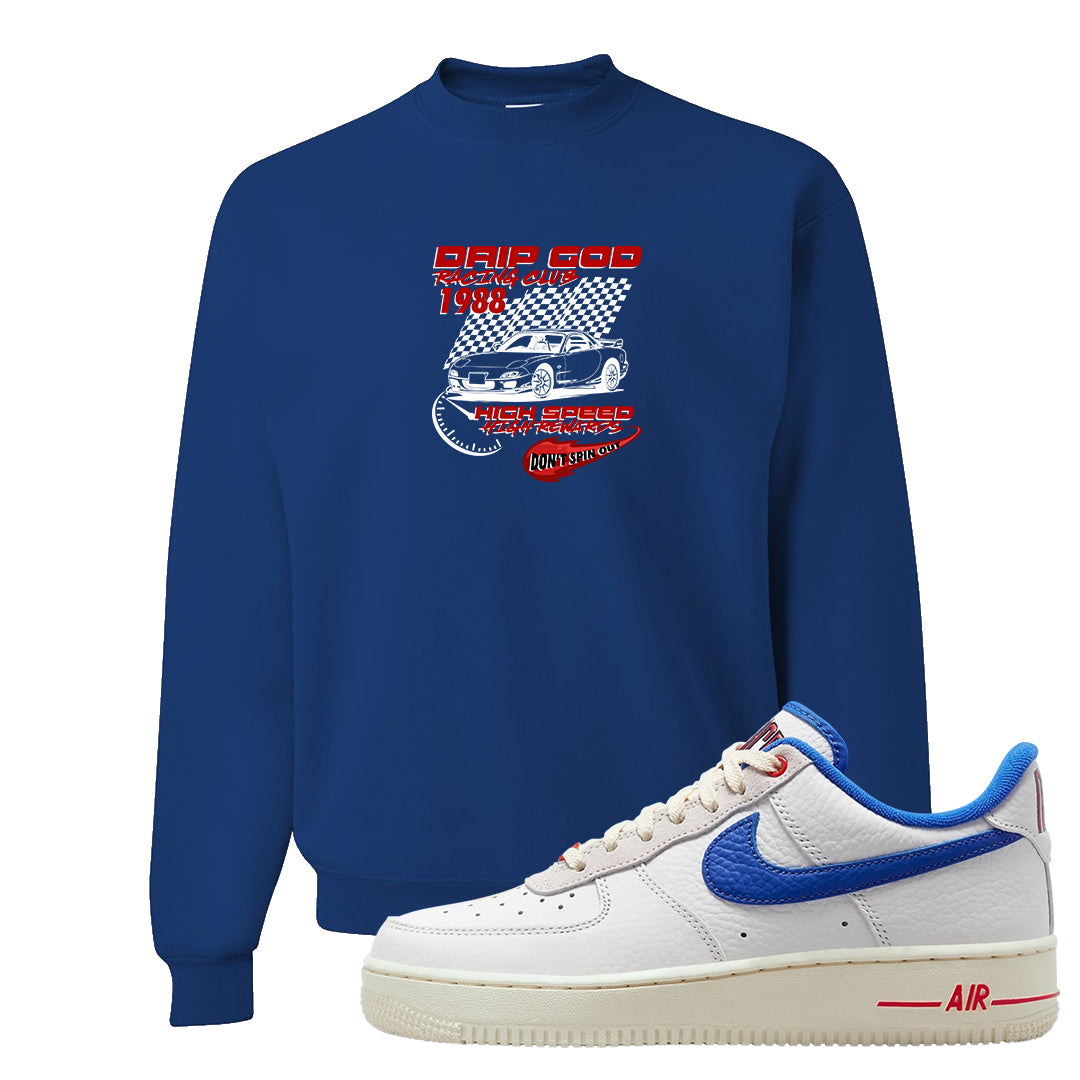 University Blue Summit White Low 1s Crewneck Sweatshirt | Drip God Racing Club, Royal