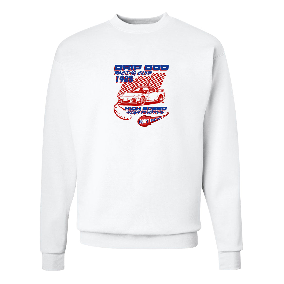 University Blue Summit White Low 1s Crewneck Sweatshirt | Drip God Racing Club, White