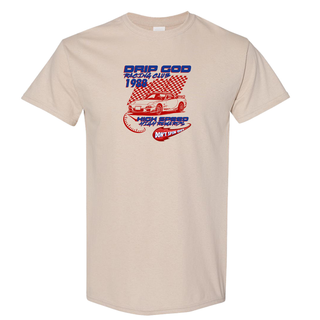 University Blue Summit White Low 1s T Shirt | Drip God Racing Club, Sand