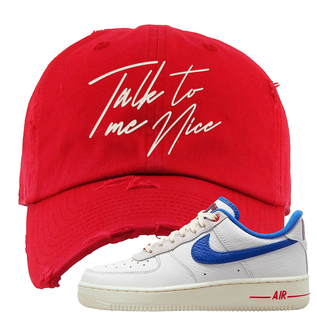 University Blue Summit White Low 1s Distressed Dad Hat | Talk To Me Nice, Red