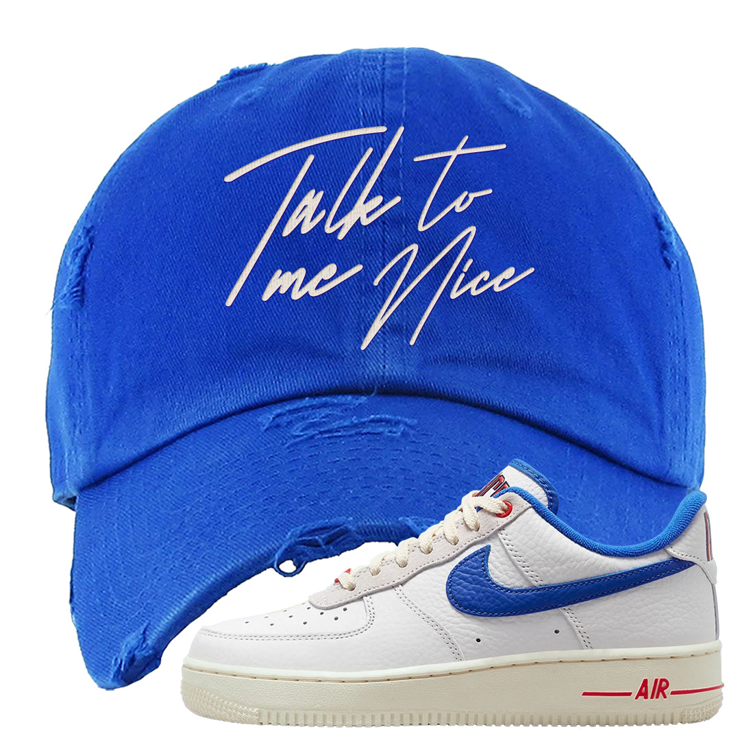 University Blue Summit White Low 1s Distressed Dad Hat | Talk To Me Nice, Royal