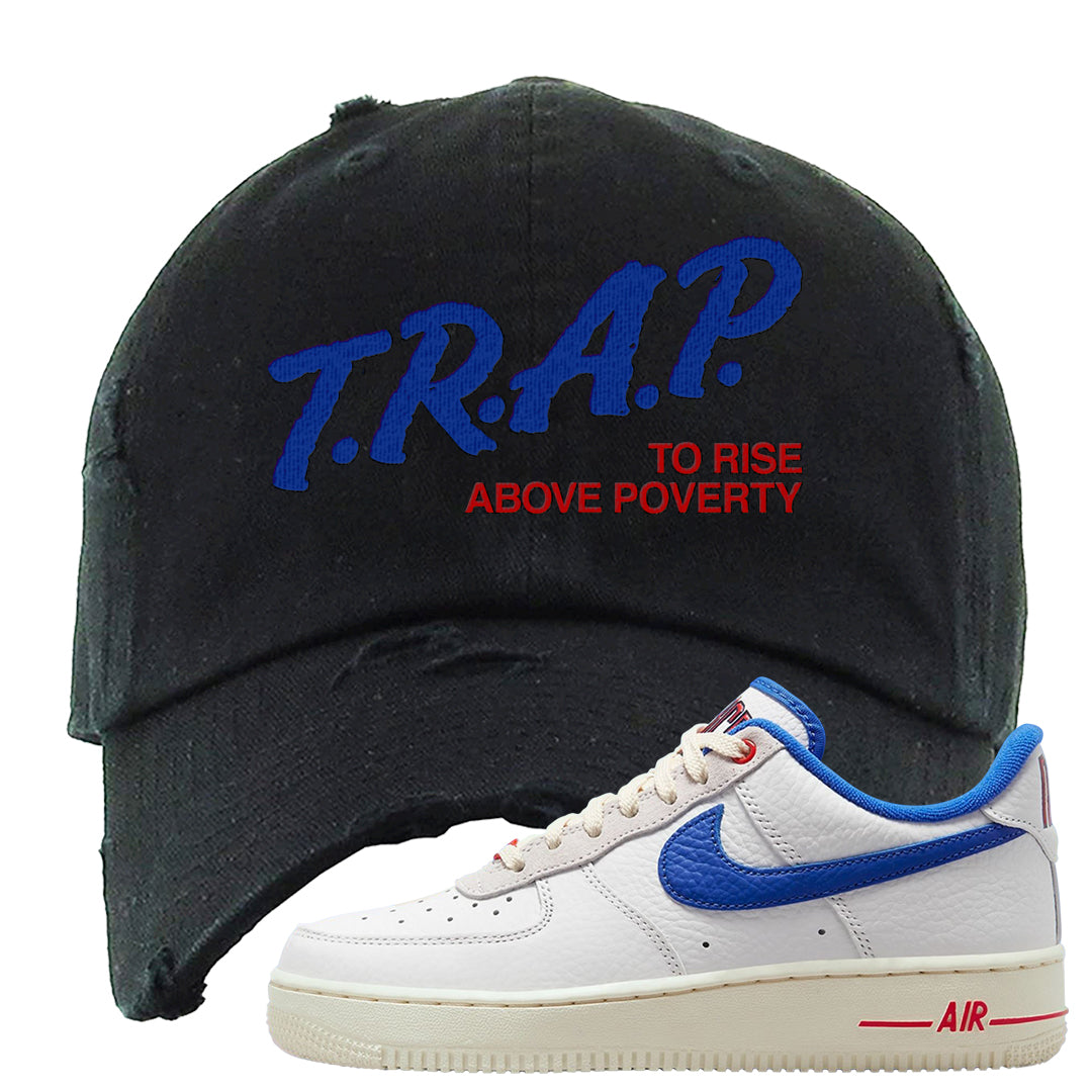 University Blue Summit White Low 1s Distressed Dad Hat | Trap To Rise Above Poverty, Black