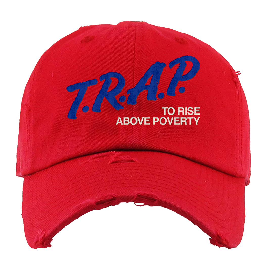 University Blue Summit White Low 1s Distressed Dad Hat | Trap To Rise Above Poverty, Red