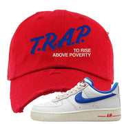 University Blue Summit White Low 1s Distressed Dad Hat | Trap To Rise Above Poverty, Red