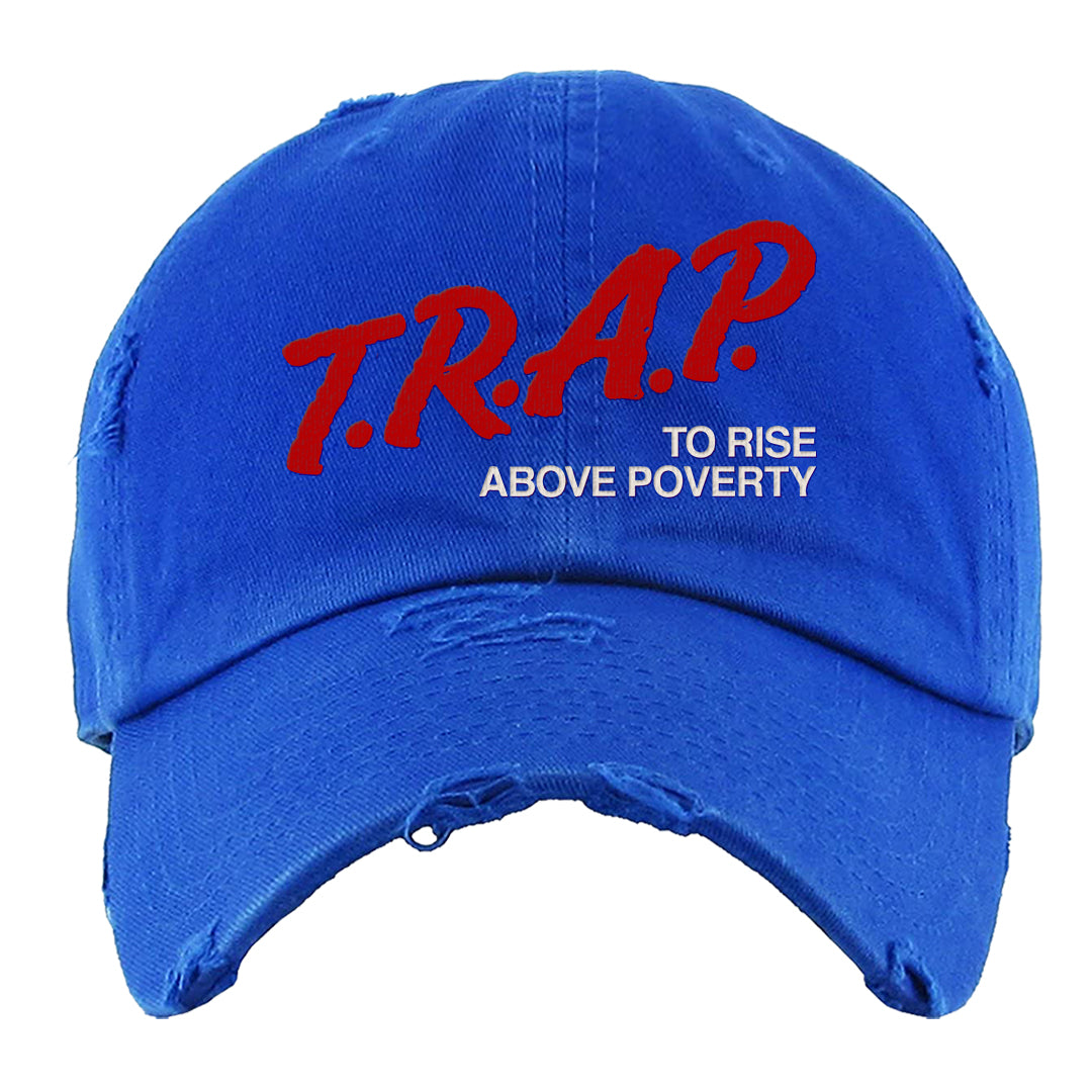 University Blue Summit White Low 1s Distressed Dad Hat | Trap To Rise Above Poverty, Royal