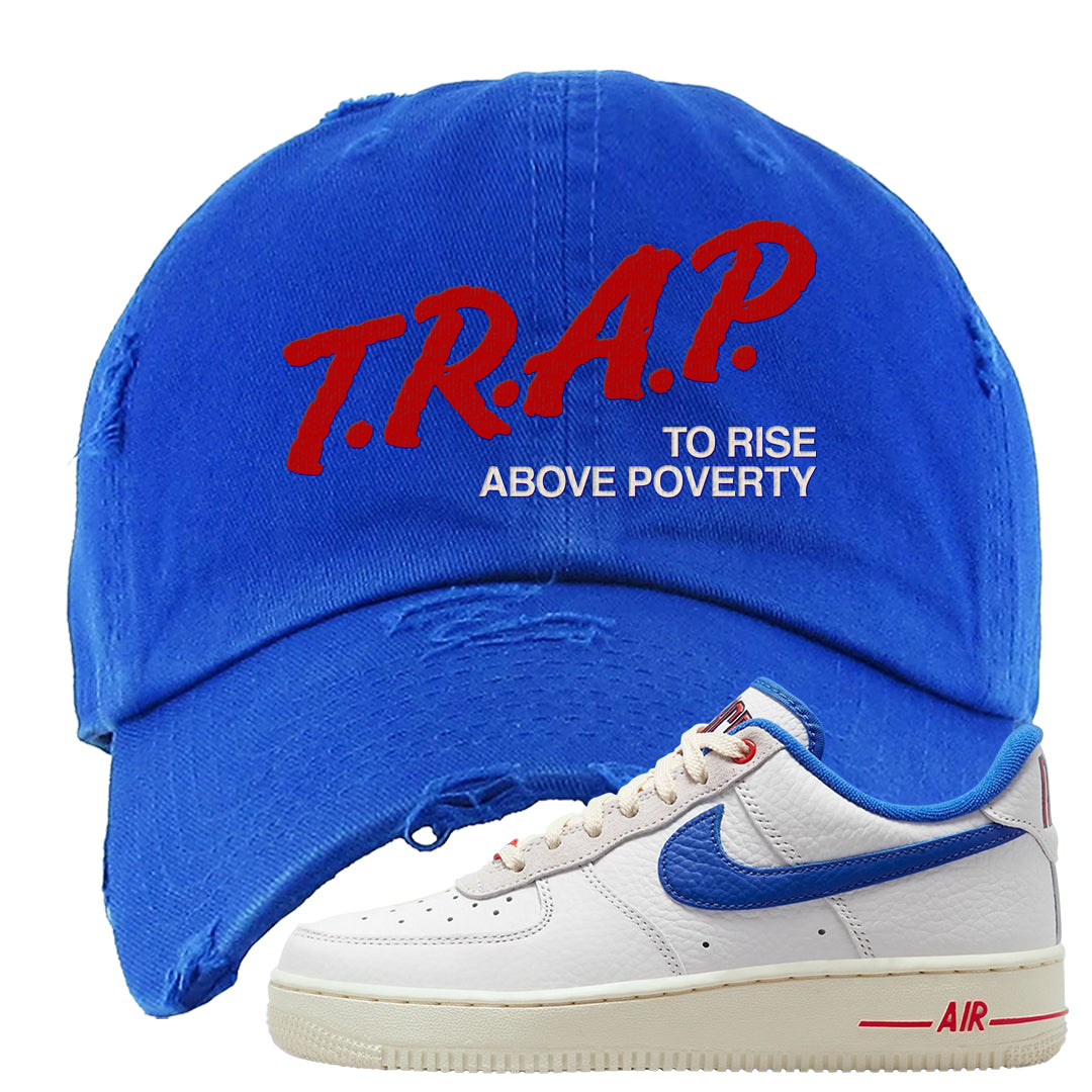University Blue Summit White Low 1s Distressed Dad Hat | Trap To Rise Above Poverty, Royal