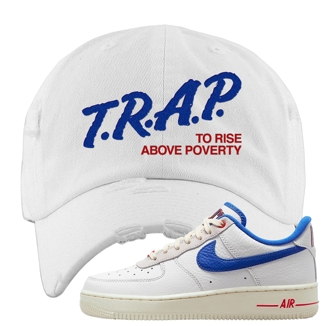 University Blue Summit White Low 1s Distressed Dad Hat | Trap To Rise Above Poverty, White