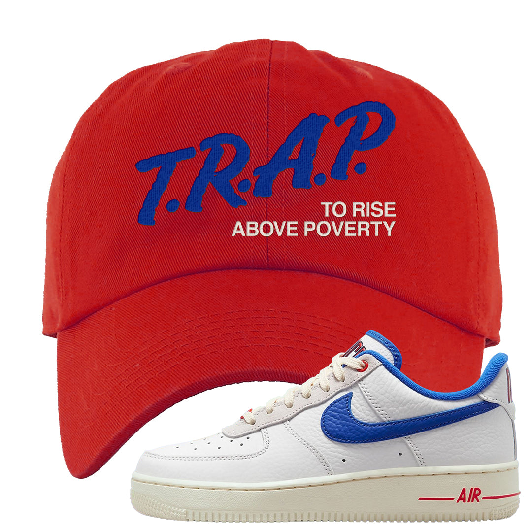 University Blue Summit White Low 1s Dad Hat | Trap To Rise Above Poverty, Red