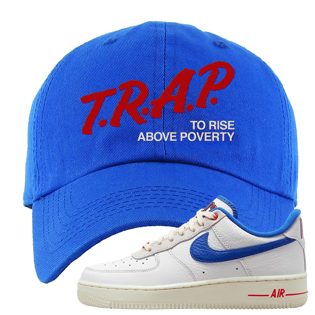 University Blue Summit White Low 1s Dad Hat | Trap To Rise Above Poverty, Royal