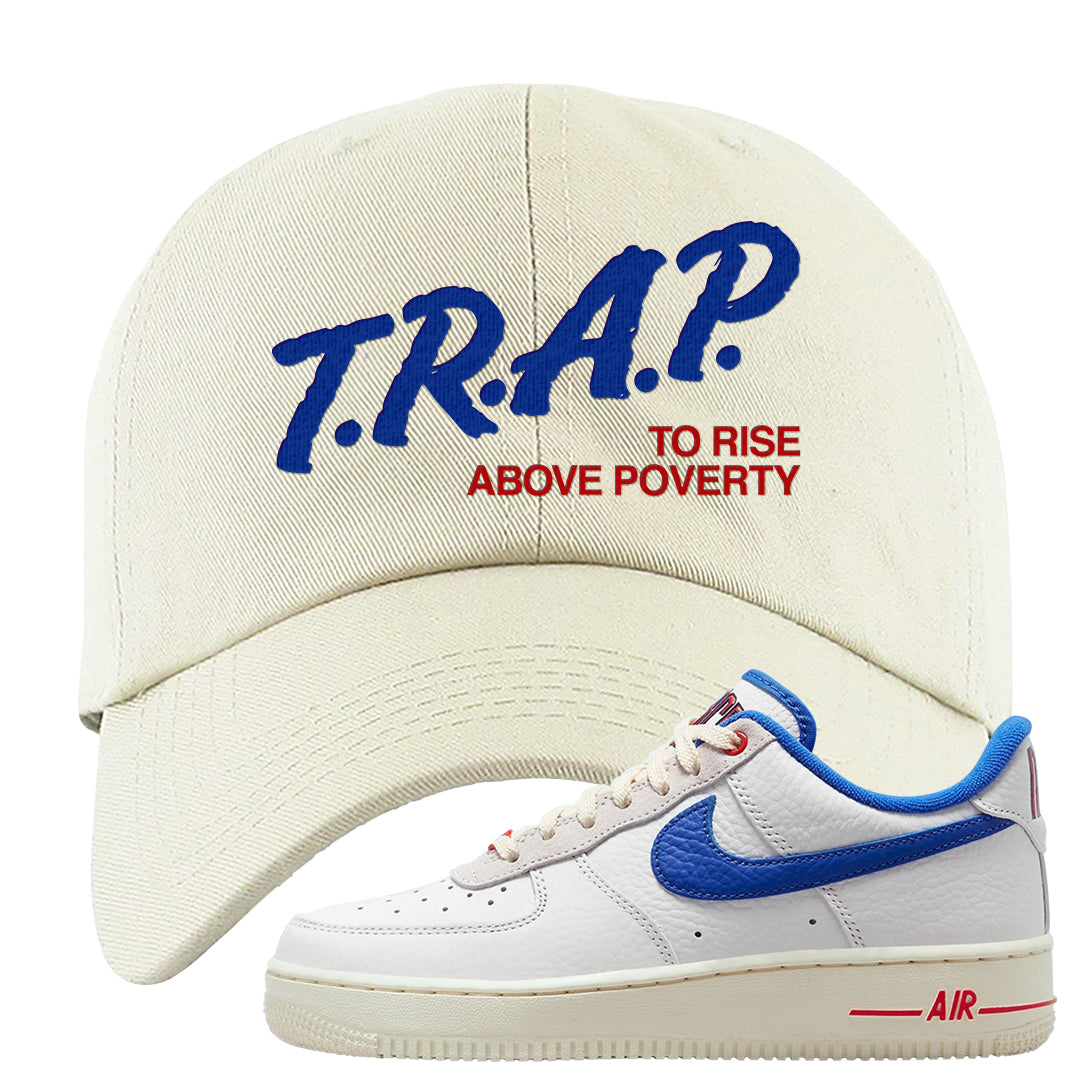 University Blue Summit White Low 1s Dad Hat | Trap To Rise Above Poverty, White
