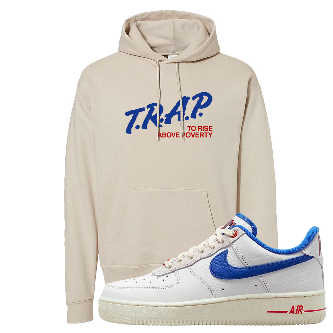 University Blue Summit White Low 1s Hoodie | Trap To Rise Above Poverty, Sand