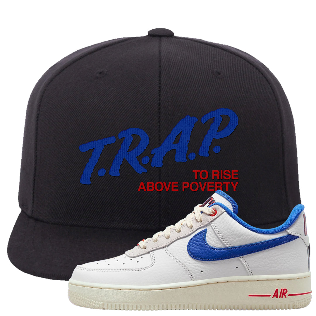 University Blue Summit White Low 1s Snapback Hat | Trap To Rise Above Poverty, Black