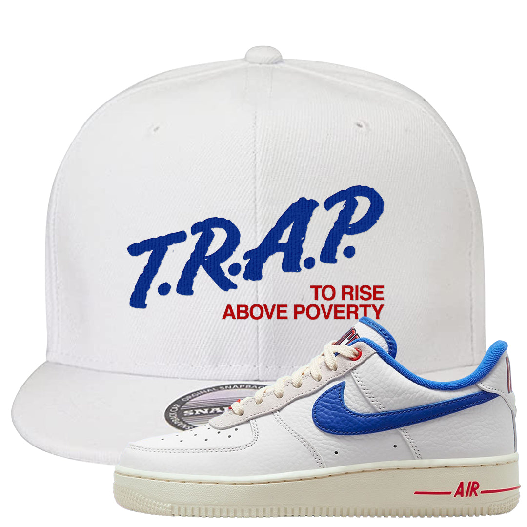 University Blue Summit White Low 1s Snapback Hat | Trap To Rise Above Poverty, White