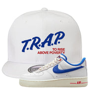 University Blue Summit White Low 1s Snapback Hat | Trap To Rise Above Poverty, White