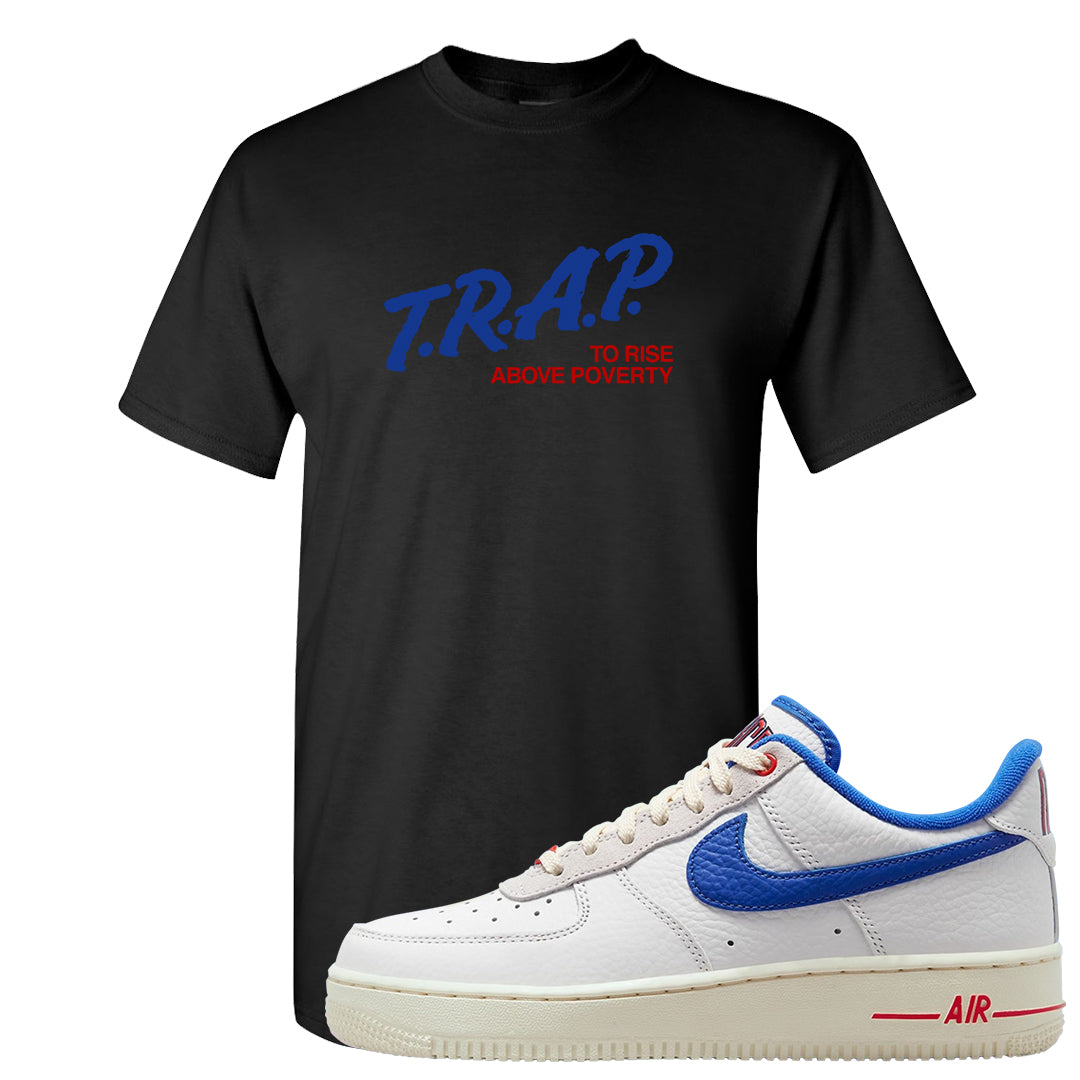 University Blue Summit White Low 1s T Shirt | Trap To Rise Above Poverty, Black