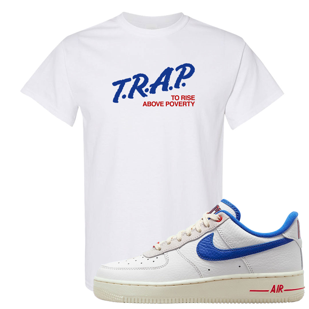 University Blue Summit White Low 1s T Shirt | Trap To Rise Above Poverty, White