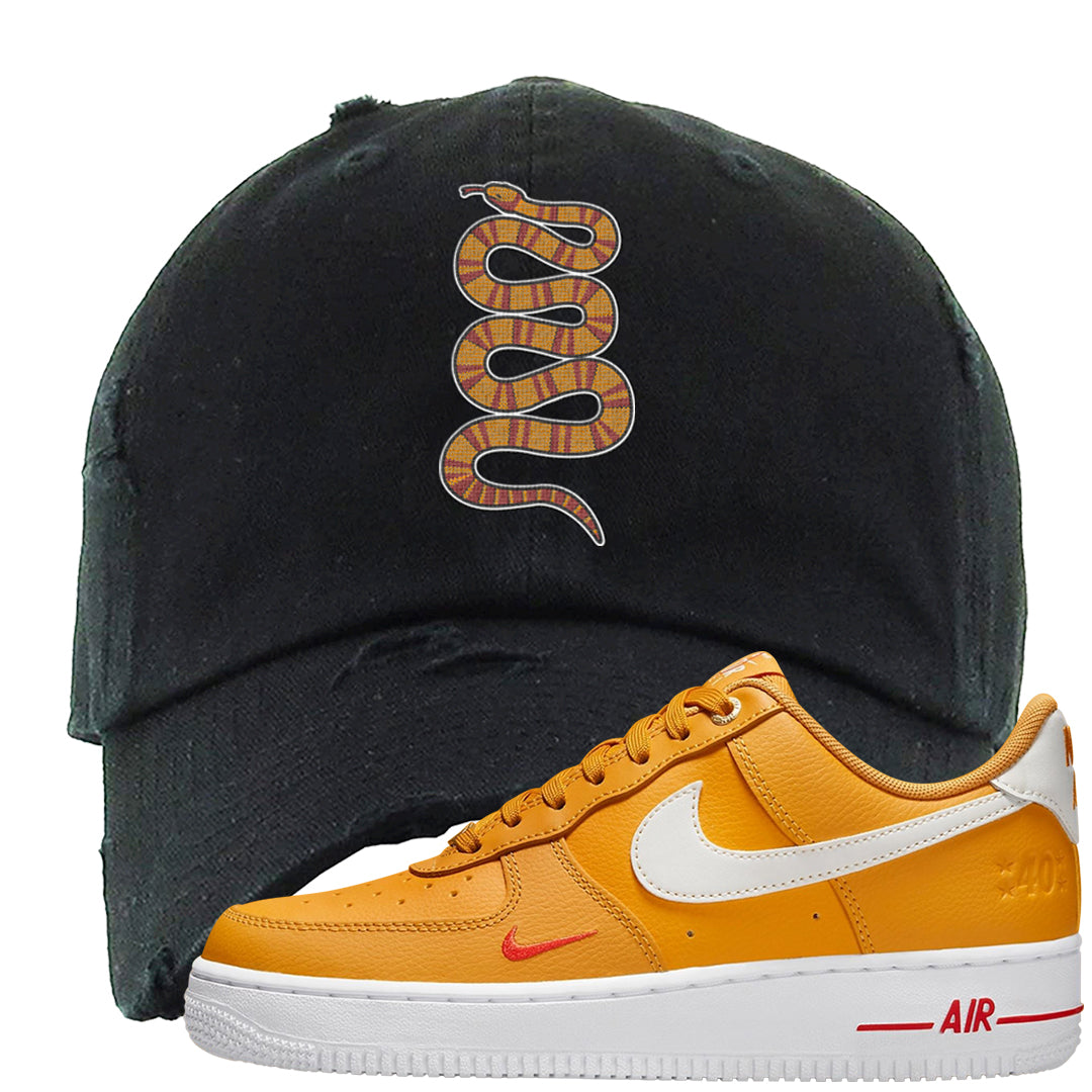 Yellow Ochre Low AF 1s Distressed Dad Hat | Coiled Snake, Black