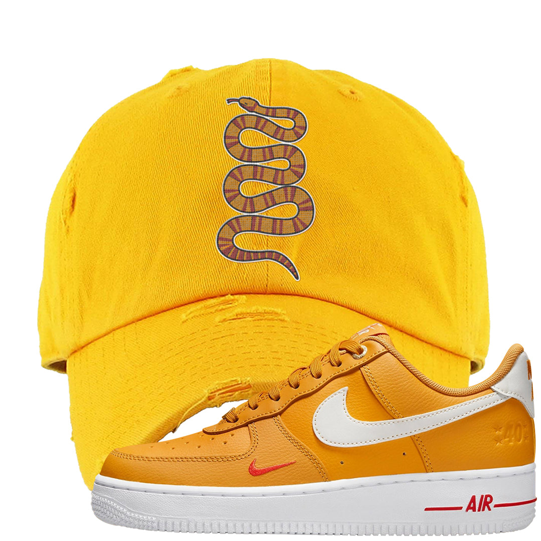 Yellow Ochre Low AF 1s Distressed Dad Hat | Coiled Snake, Gold