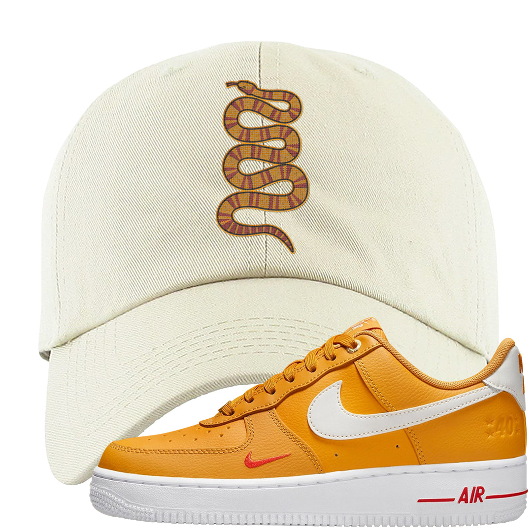 Yellow Ochre Low AF 1s Dad Hat | Coiled Snake, White