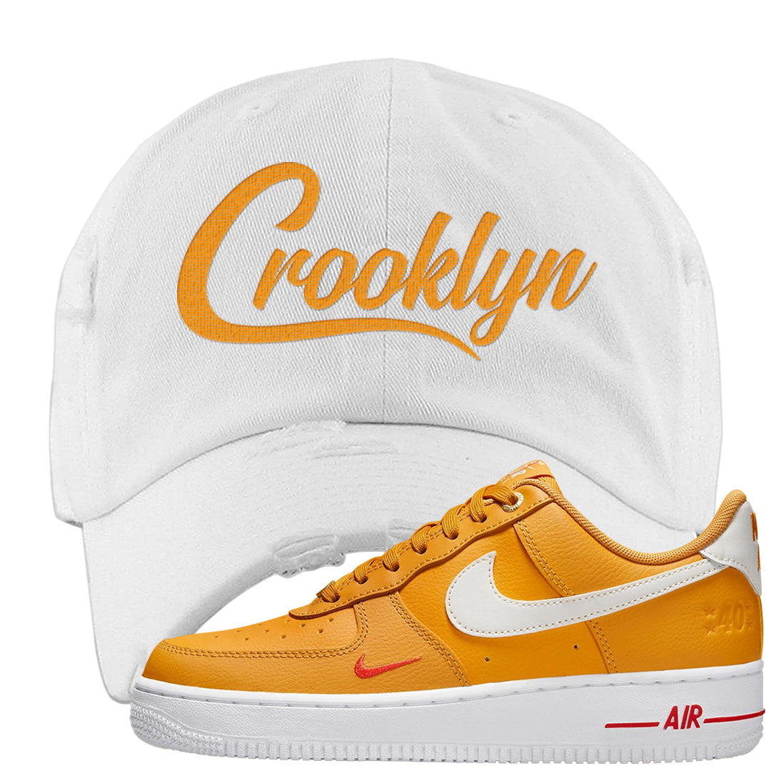 Yellow Ochre Low AF 1s Distressed Dad Hat | Crooklyn, White