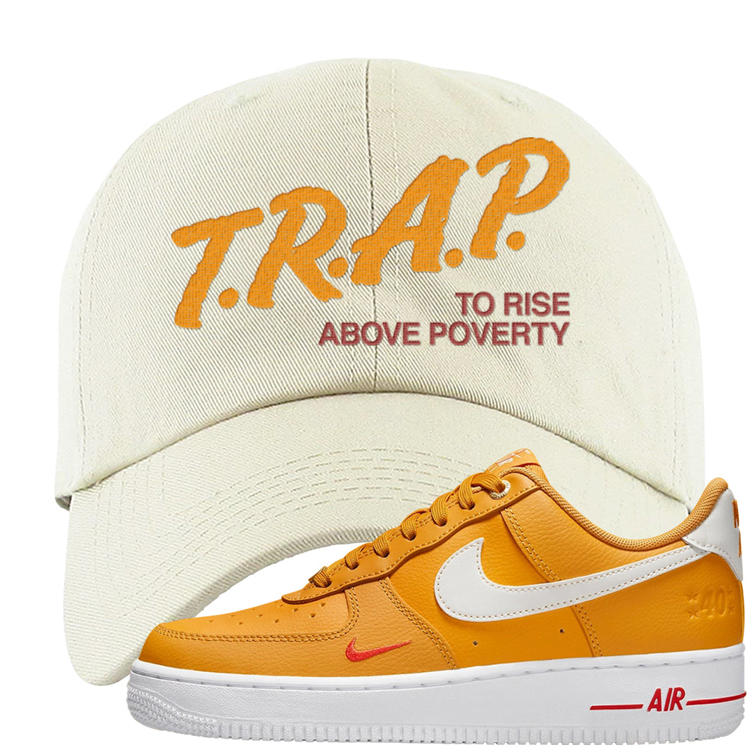 Yellow Ochre Low AF 1s Dad Hat | Trap To Rise Above Poverty, White