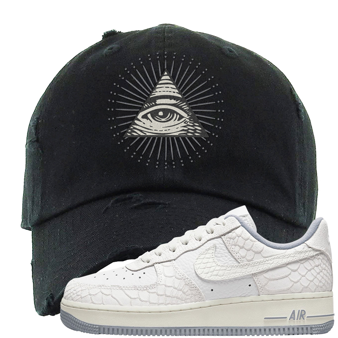 White Python AF 1s Distressed Dad Hat | All Seeing Eye, Black